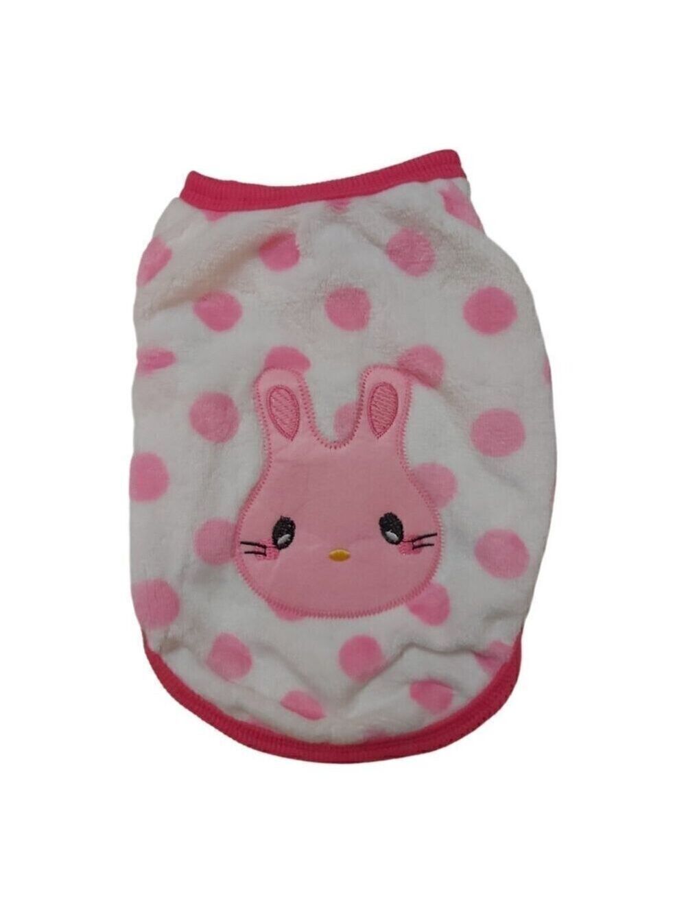 Dog/Cat Faux Fur White Sweater with Pink Polka Dots and Pink Bunny Head - Size M